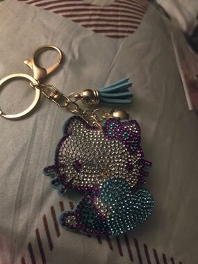 Rhinestone Hello Kitty Heart Keychain/Bag Charm with Tassel - Blue & Silver